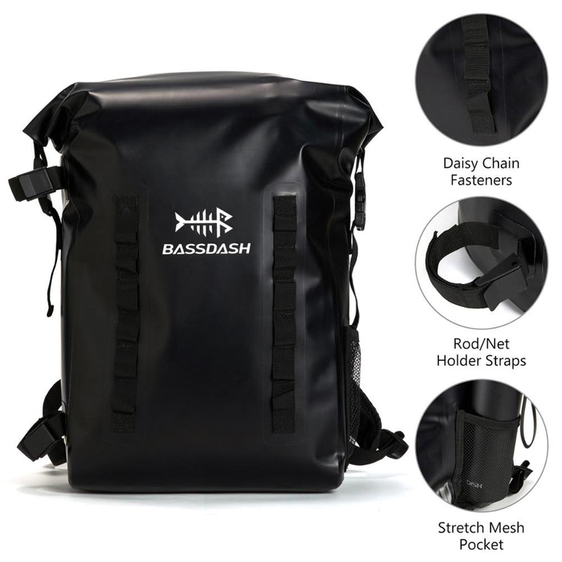 Bassdash Mochila impermeable de TPU 24L Roll-Top Dry Bag con portacañas para pesca, senderismo, camping, kayak, rafting