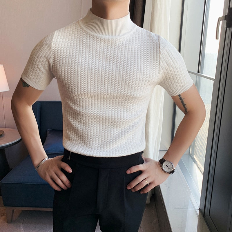 Autumn New Short Sleeve Knitted Sweater Men Tops Clothing 2023 All Match Slim Fit Stretch Turtleneck Casual Pull Homme Pullovers