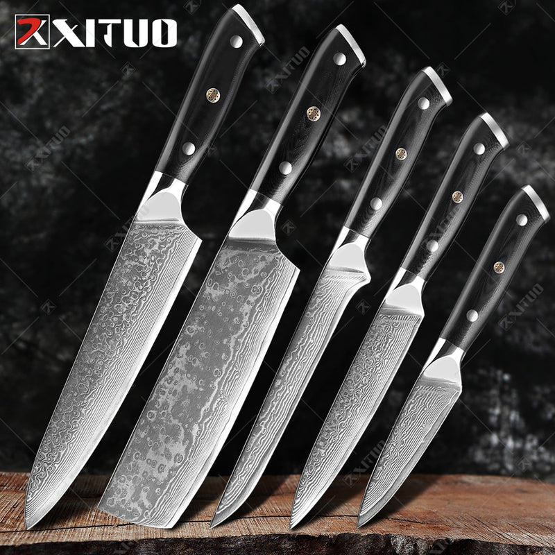 XITUO Damaskus Kochmesser 1-8 STÜCKE Professionelle Japan Sankotu Cleaver Bone Messer Utility Kiritsuke Schälmesser Küchenmesser Kochen