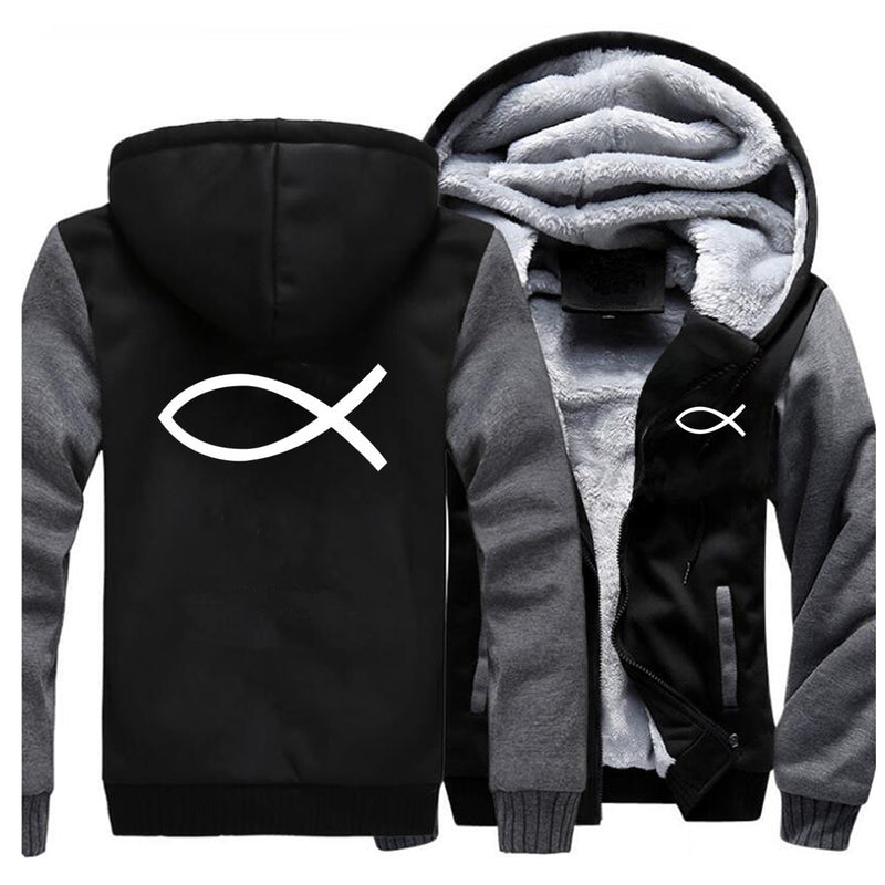 2022 Winter Mens Thick Sweatshirt Christian JESUS fish Hoodies  Brand Zipper Jacket Warm Fleece Thicken Coat Casual Streetwear