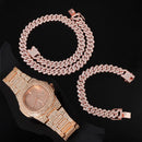 Necklace +Watch+Bracelet Hip Hop Miami Curb Cuban Chain Gold Color Iced Out Paved Rhinestones CZ Bling Rapper For Men Jewelry