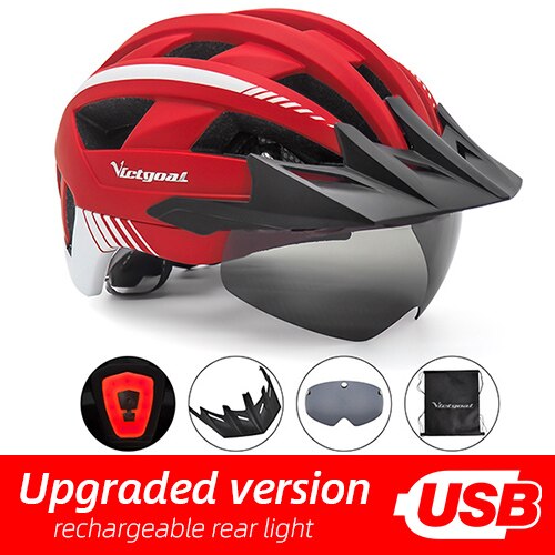 Victgoal casco de bicicleta LED montaña carretera USB recargable luz casco de ciclismo para hombre visera gafas hombres MTB bicicleta casco