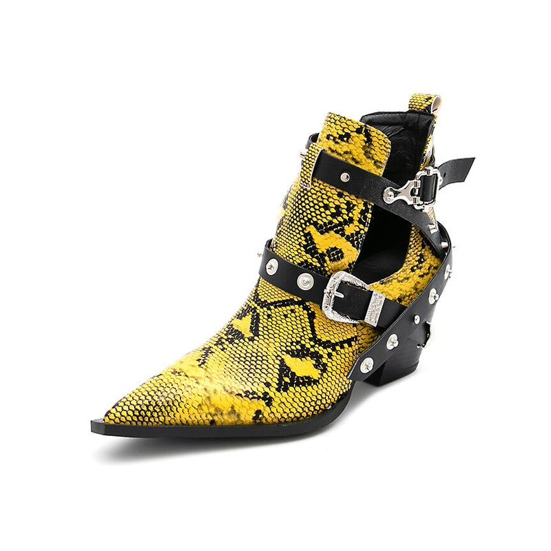 2022, botas de vaquero del oeste para motocicleta, botas cortas de piel sintética de serpiente para mujer, tacones altos, botines de vaquera, botas tobilleras con hebilla, zapatos