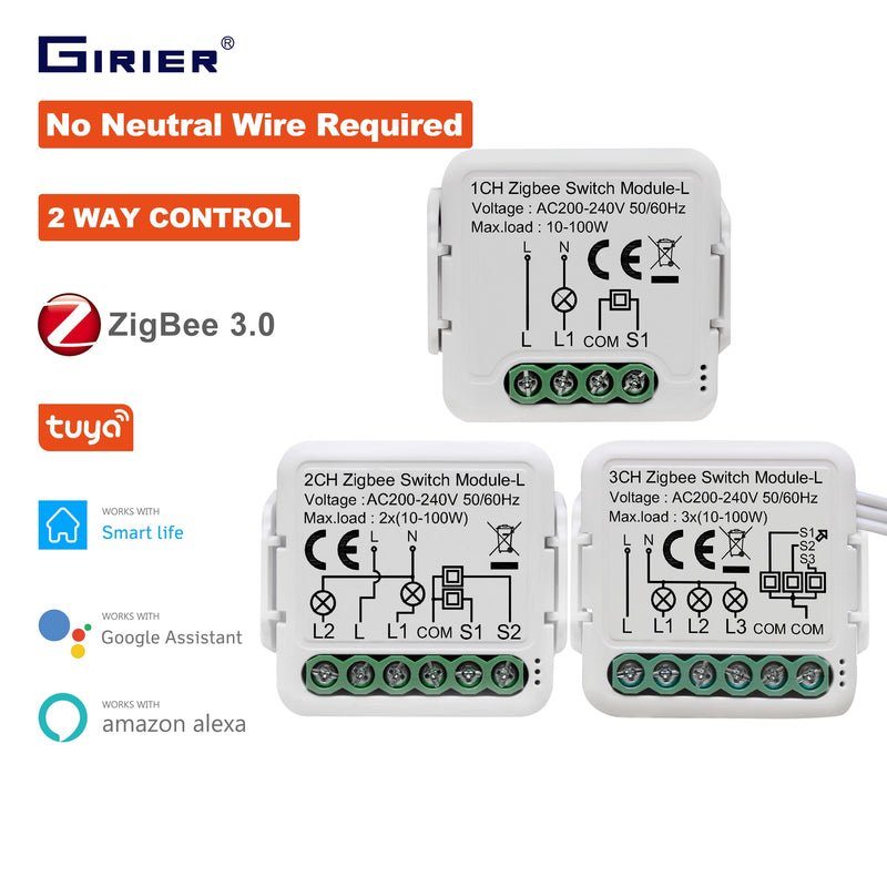 GIRIER Tuya ZigBee 3.0 Smart Light Switch Module No Neutral Wire Required Works with Alexa Google Home Support 2 Way Control