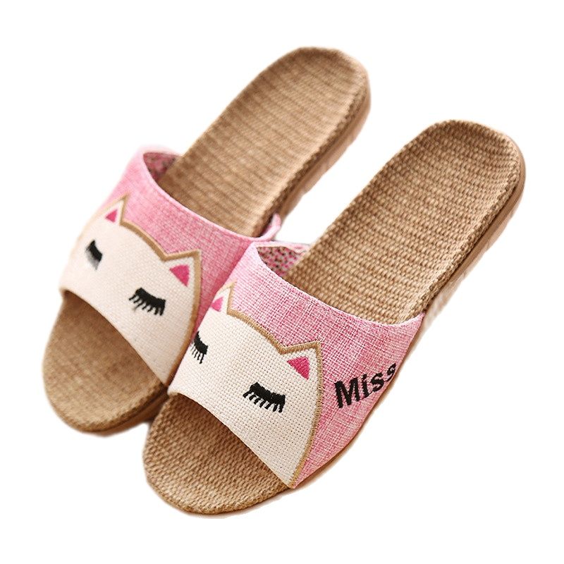 Suihyung Flachs Hausschuhe Frauen Sommer Strand Schuhe Nette Katze Flip Flops Atmungsaktive Rutschen Mädchen Indoor Leinen Hausschuhe Weibliche Sandalen