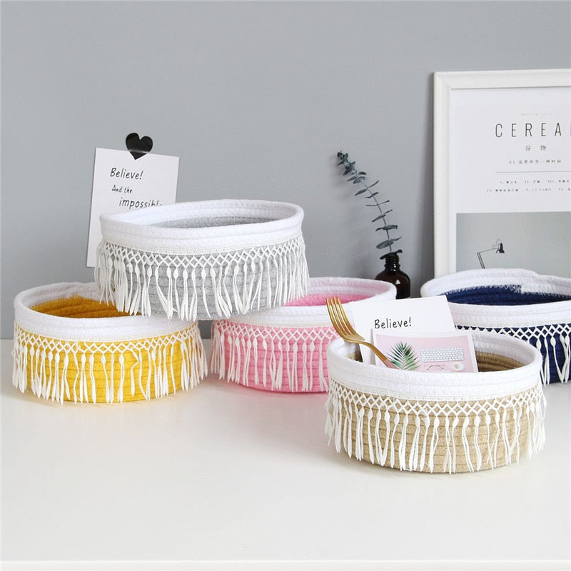 Cotton Rope Storage Baskets Nordic Style Tassel Handmade Woven Dirty Clothes Laundry Basket Desktop Sundries Organizer Hamper