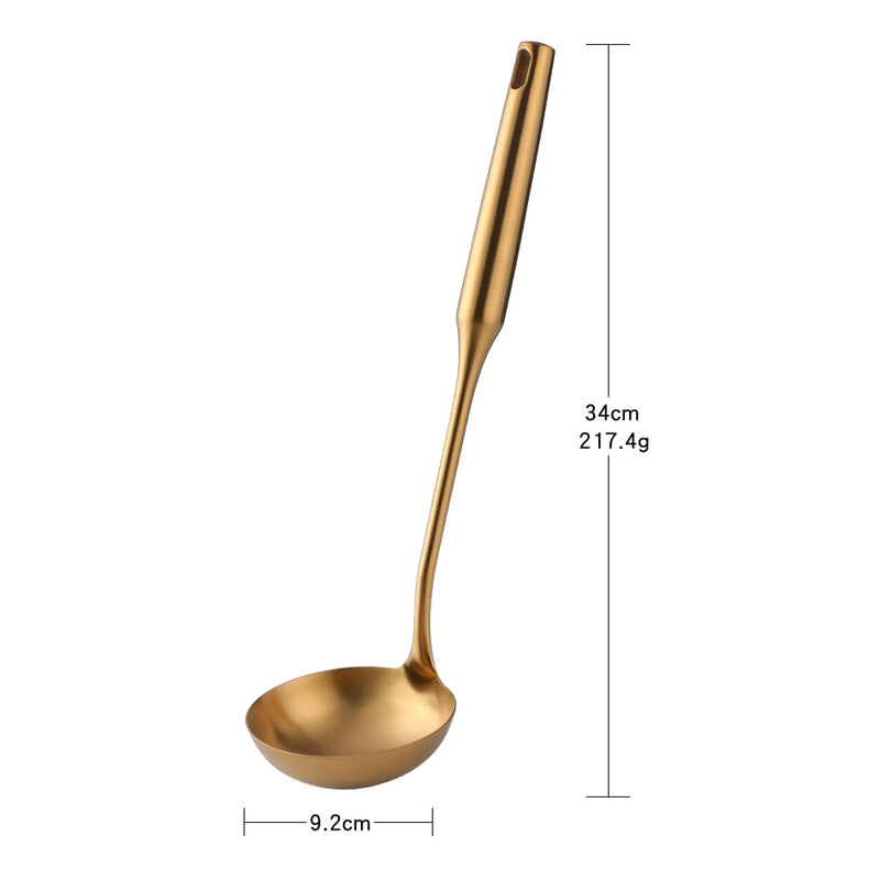 Goldenes Kochgeschirr aus Edelstahl, Kochutensilien, Pfannenwender, Wender, Schöpfkelle, Löffel, Sieb, Filter, Kartoffelstampfer, Küchenutensilien