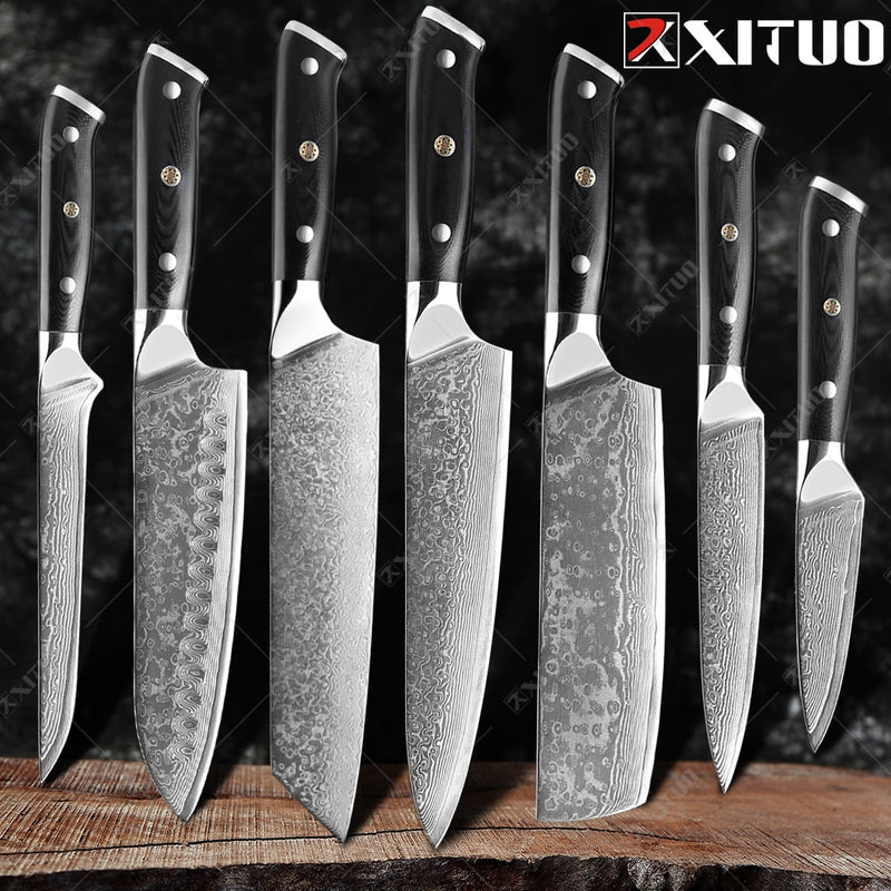 XITUO Damaskus Kochmesser 1-8 STÜCKE Professionelle Japan Sankotu Cleaver Bone Messer Utility Kiritsuke Schälmesser Küchenmesser Kochen