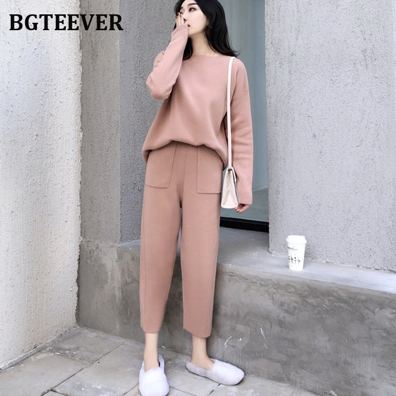 Casual Sweater Tracksuit O-neck Pullovers & High Waist Pants Women Sweater Sets Knitted Set Autumn Winter Knitted 2 Pieces Set