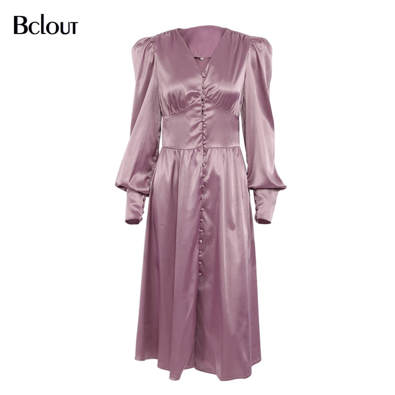 Bclout Elegantes Satin-Einreiher-Hemdkleid Mode Beige Slim V-Ausschnitt Lange Kleider Frau Laternenärmel Herbst-Winter-Robe