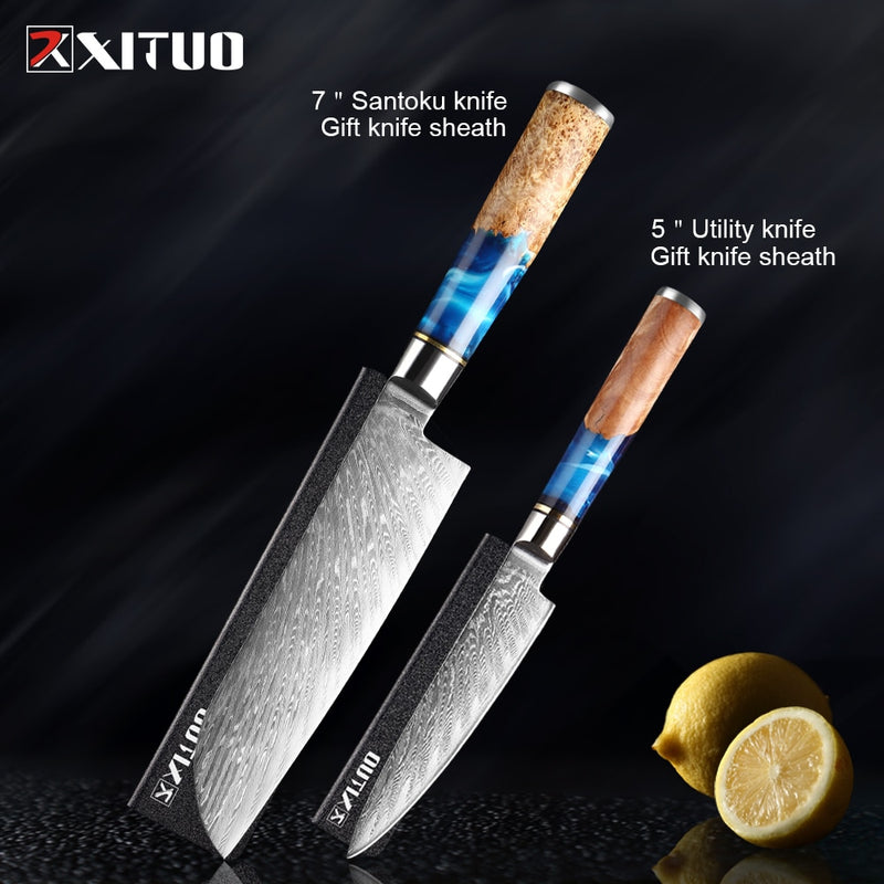 XITUO Kitchen Knives-Set Damascus Steel Chef Knife Cleaver Paring Utility Bread Knife Cooking Tool Blue Resin Handle 1-6Pcs/Set