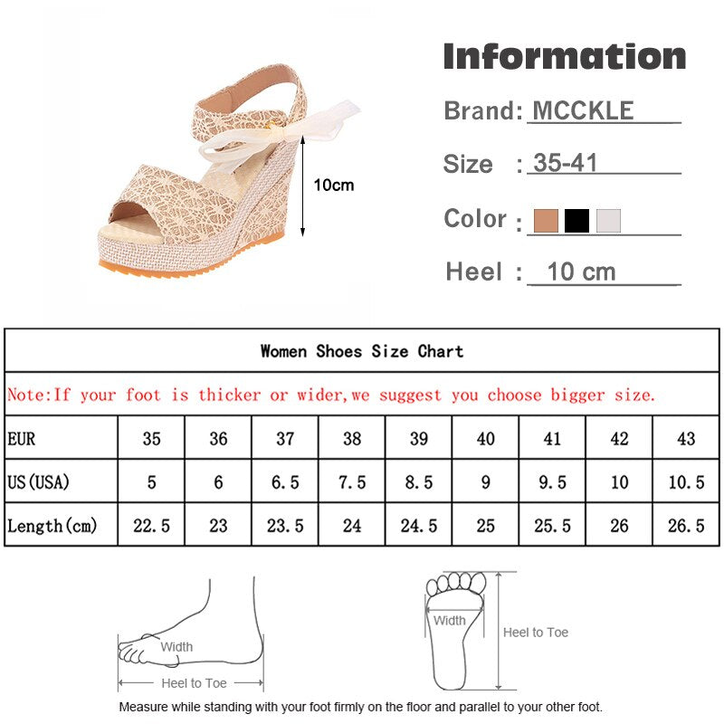 MCCKLE Women's Platform Sandals Peep Toe Wedges Shoes Woman 2021 Lace Up Casual Ladies Elegant Ankle Strap Female Pumps Summer