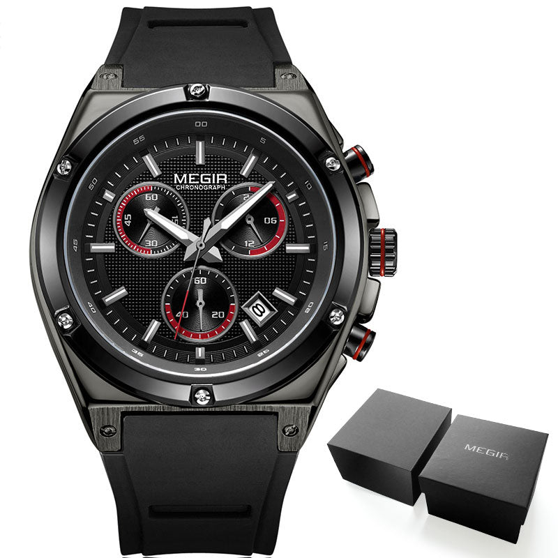 Megir Men Black Silicone Sports Quartz Wrist Watches Luminous Relojios Relojes Waterproof Chronograph Clock Montres Q2073G-BK-1