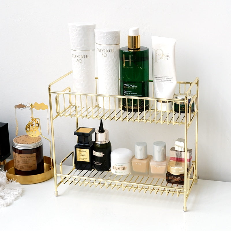 Estante de almacenamiento de cosméticos de Metal de 2 capas, organizador de maquillaje para baño, estantes de almacenamiento de hierro para condimentos de cocina, caja organizadora de maquillaje