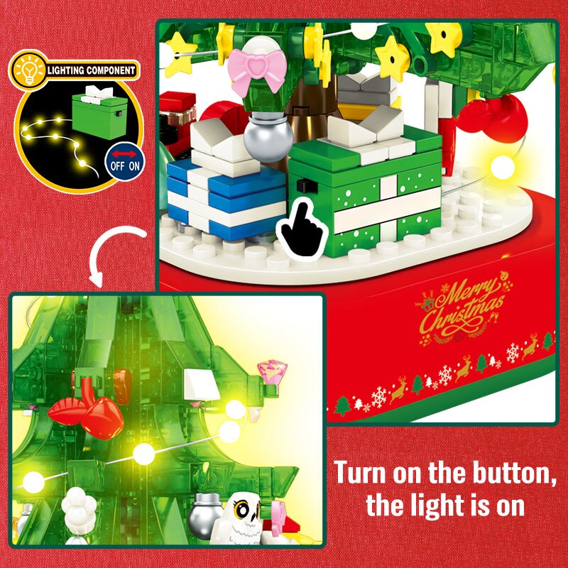 Tema de Navidad LED giratorio brillante caja de música bloques de construcción DIY ciudad amigos árbol casa ladrillos juguetes para niños regalos de navidad