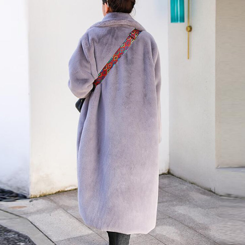 Abrigo de piel sintética de conejo de alta calidad para mujer, abrigo largo de piel de lujo, abrigo con solapa holgado, abrigo grueso cálido de talla grande para mujer