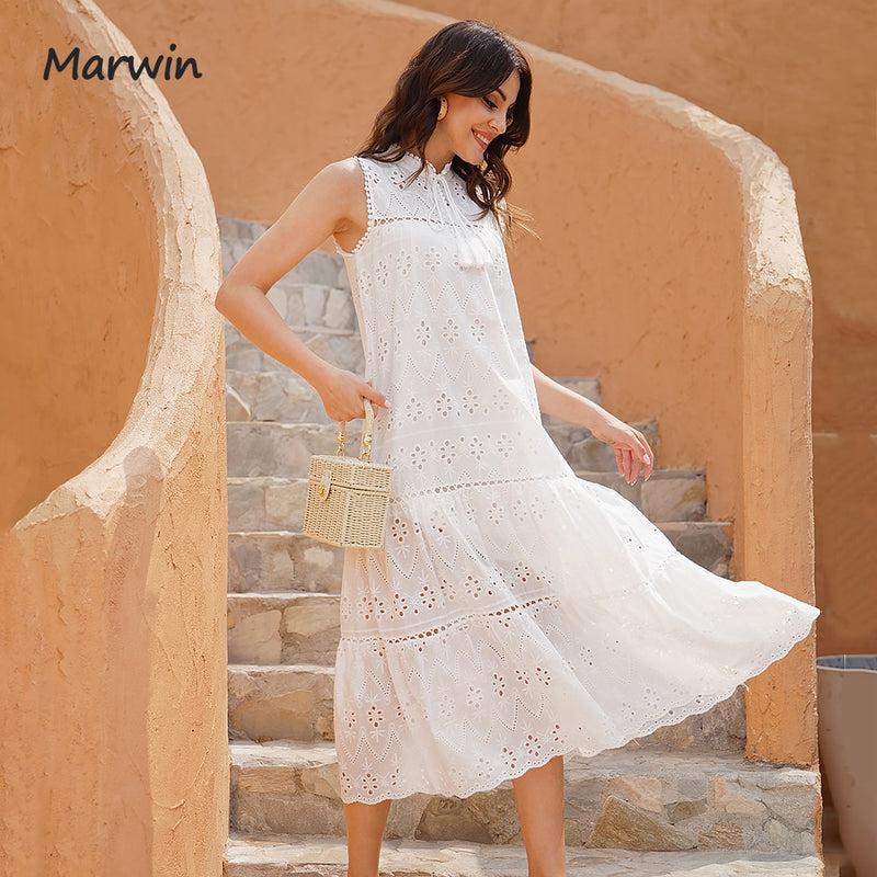 Marwin Long Simple Casual Solid Hollow Out Pure Cotton Holiday Style High Waist Fashion Mid-Calf Summer Dresses NEW Vestidos