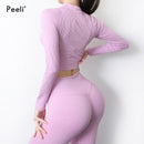 Traje de Yoga sin costuras, conjunto deportivo, ropa de gimnasio, Fitness para mujer, Top corto de manga larga, mallas de cintura alta, conjunto de entrenamiento acanalado, chándales