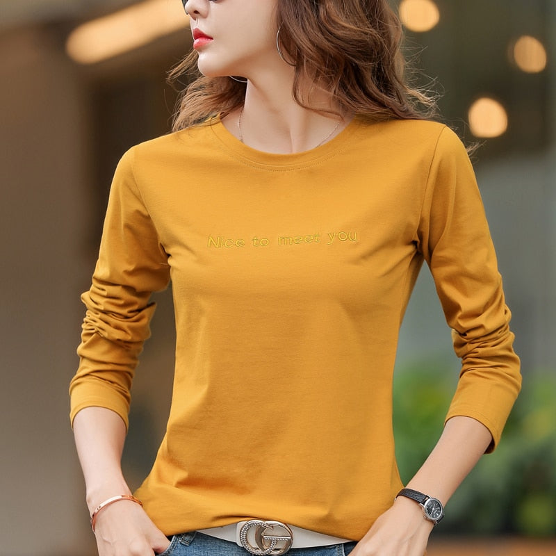 Letter Embroidery 2022 Autumn Cotton T-shirt Spring Women Long Sleeve Casual Red T shirts Fashion O-Neck Blue Yellow Simple Tops