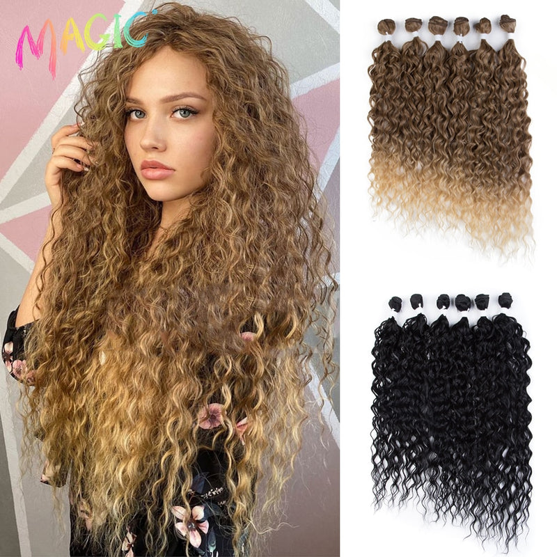 Magia Sintética 6 UNIDS 24 26 28 pulgadas Paquetes de Cabello Rizado Ombre Color Rubio Extensiones de Cabello Rizado Accesorios Para el Cabello Rizado