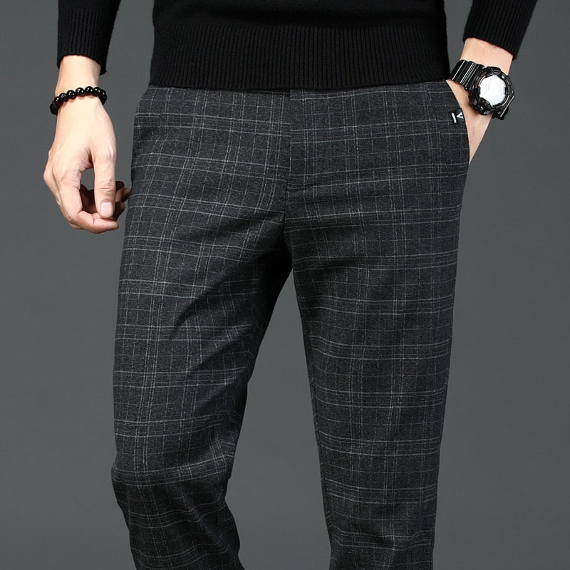 ¡Novedad de 2022! Pantalones informales a cuadros para hombre, pantalones elásticos de estilo clásico gris oscuro ajustados informales de negocios, ropa de marca para hombre