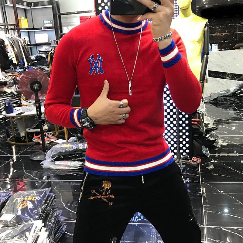 2020 New Arrival Top Fashion Sale Men Sweater O-neck Pullovers Appliques Brand Clothing Embroidered Net Red Warm Knitted