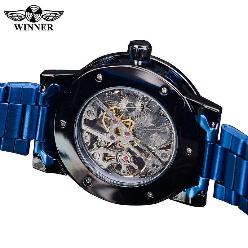 Winner Transparent Diamond Mechanical Watch Blue Edelstahl Skeleton Watch Top Brand Luxury Business Luminous Male Clock