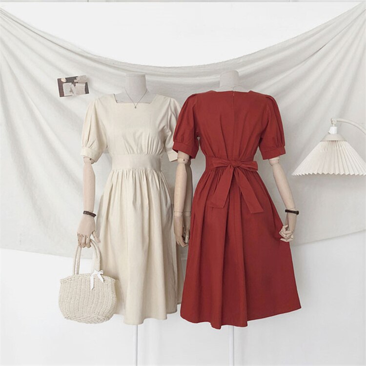 2021 nuevo vestido de verano para mujer, Vintage, de cintura alta, cuello cuadrado, informal, de algodón y lino, con lazo, manga farol, vestido largo DR2966