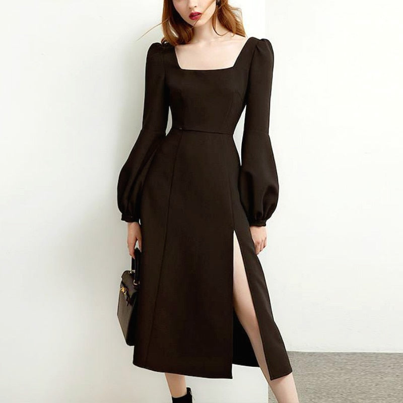 Black Retro Split Dress Women Elegant Midi Designer Dress Female Long Sleeve Hepburn Style Chiffon Vintage Dress Fall 2020 Women