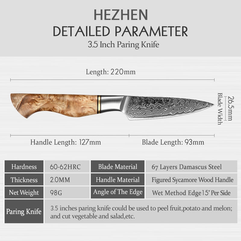 HEZHEN 3,5-Zoll-Schälmesser Echtes 67-lagiges Damast-Superstahl-Kochmesser Super-Anti-Rost-scharfe Klingen-Obst-Küchenmesser