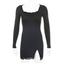 Rockmore Split encaje Sexy Mini vestido mujer transparente manga larga ceñido al cuerpo cuello cuadrado por encima de la rodilla vestidos vestido de fiesta Vedtidos