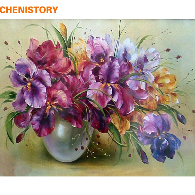 CHENISTORY Frameless Purple Flowers DIY Painting By Numbers Modern Wall Art Paint By Numbers Hand Painted For Home Decoration