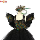 Fancy Peacock Feather Girl Pageant Tutu Dress with Wing Kids Deluxe Peacock Tutu Costume Dress Evening Party Halloween Clothes