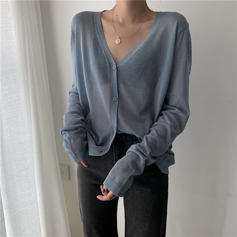 Cardigan Women Korean Long Sleeve Cardigan Summer Cropped Cardigan Knitted V-Neck Thin Ice Silk Sweaters Sunscreen Shirt Tops