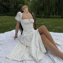 Nibber Y2k French Romance Retro low cut Dresses Women Floral Print lace up Puff Sleeve Side Slit Midi Dress Vacation Beachwear