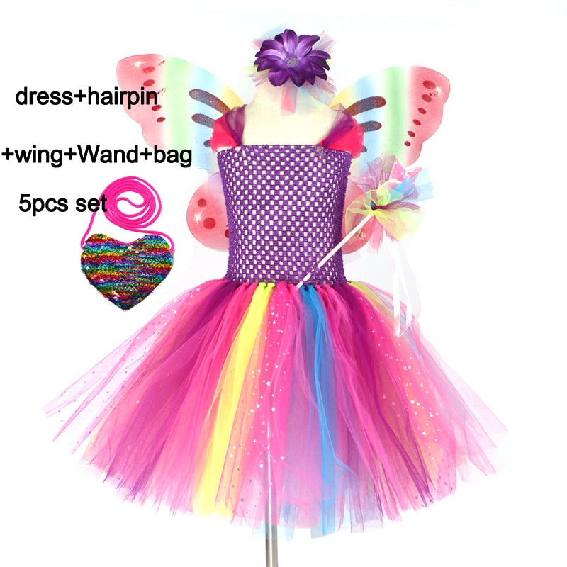 Mädchen Schmetterling Fee Kostüm Tutu Kleid Flügel Kostüm Kinder Prinzessin Geburtstagsfeier Halloween Cosplay Kinder Frühling Tüllkleid