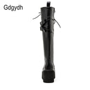 Gdgydh Fashion Women Boots Cross Strap PU Leather Autumn Winter Knee High Boots Ladies Thick Sole Platform Shoes Punk Gothic