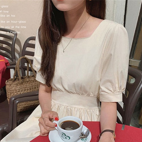 2021 New Summer Women Dress Vintage High Waist Square Collar Casual Cotton and Linen Lace Up Bow Puff Sleeve Long Dress DR2966