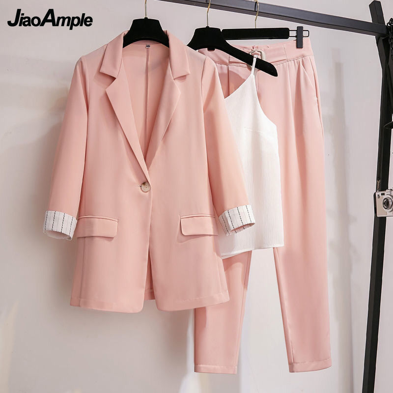 2021 Autumn New Suit Jacket Suspender Pants Three-piece Women&