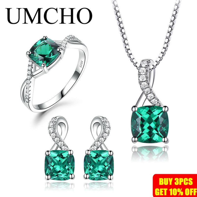 UMCHO 925 Sterling Silver Jewelry Sets For Women Gemstone Emerald Ring Pendant Stud Earrings For Women Wedding Fine Jewelry New