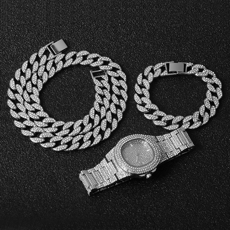 Halskette + Uhr + Armband Hip Hop Miami Curb Kubanische Kette Goldfarbe Iced Out Gepflasterte Strasssteine ​​CZ Bling Rapper Für Herrenschmuck