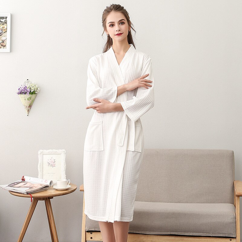 Frauen Sommer 2021 Langer Weicher Bademantel Pyjama Kimono Solide Waffel Bademantel Mit Schärpen Morgenmantel Nachtwäsche Weibliche Homewear