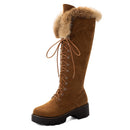 Gdgydh Lace-up Winter Shoes Women Snow Boots Real Fur Boots Women Knee High Suede Thick Heel Warm Outdoor With Zip Big Size 43