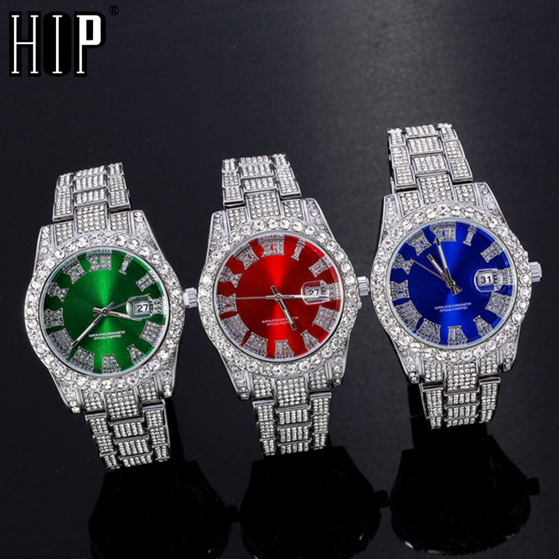 Hip Hop Full Iced Out Mens Relojes Fecha de lujo Relojes de pulsera de cuarzo con Micropaved Cubic Zircon Reloj para mujeres Hombres Joyería