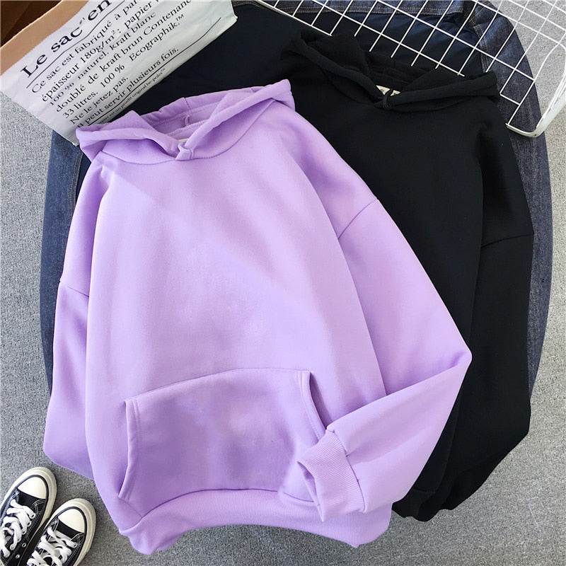 Harajuku Solid Color Women Hoodies Pullover Simple Style Loose Fit Spring Autum Fleece Hooded Sweatshirt Pocket Woman Tops