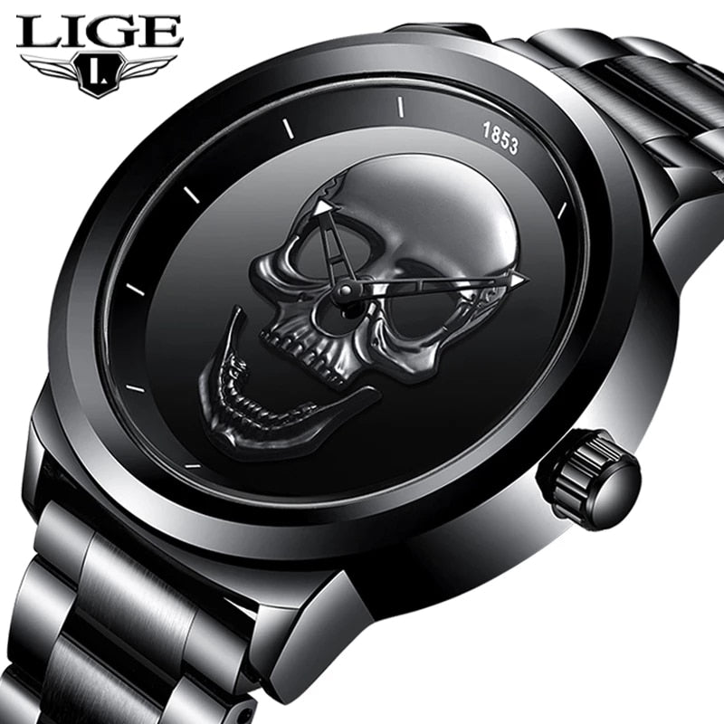 Relogio Masculino LIGE Skull Mens Watches Simple Stainless Steel Sports Watch Men&