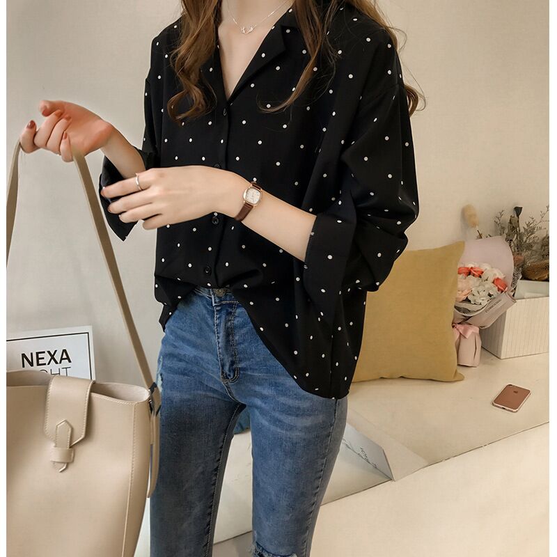 Muiches Casual Deep V-Neck Polka Dot Print Long Sleeve Blouse Woman Single Breasted Pocket Office Work Chiffon Tops 2021 New