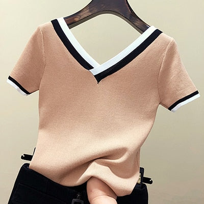 V-Neck T Shirt Women Tshirt Contrast Color Striped Knitted 2022 Summer Top T-Shirt Woman Clothes Tee Shirt Femme Camisetas Mujer