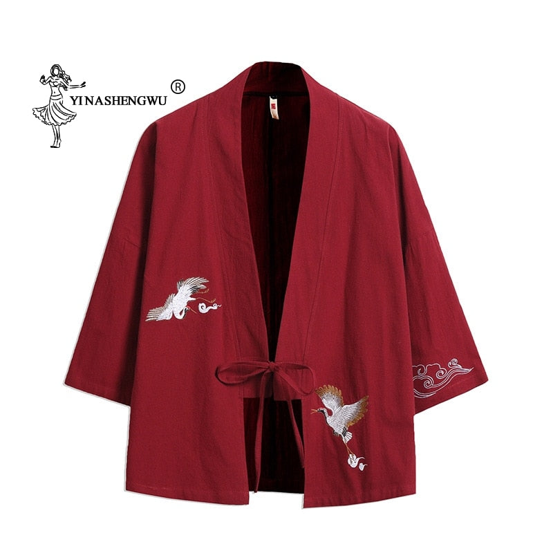 Kimono-Strickjacke für Männer, japanischer Kimono, traditioneller Strand, dünne Kranich-Stickerei, asiatische Kleidung, Yukata, männlich, Samurai, Freizeithemd, Kimon