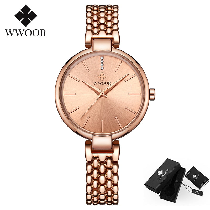 Reloj elegante WWOOR para mujer, reloj de pulsera de cuarzo con diamantes, conjunto de relojes de marca superior de lujo para mujer, reloj de pulsera, reloj femenino